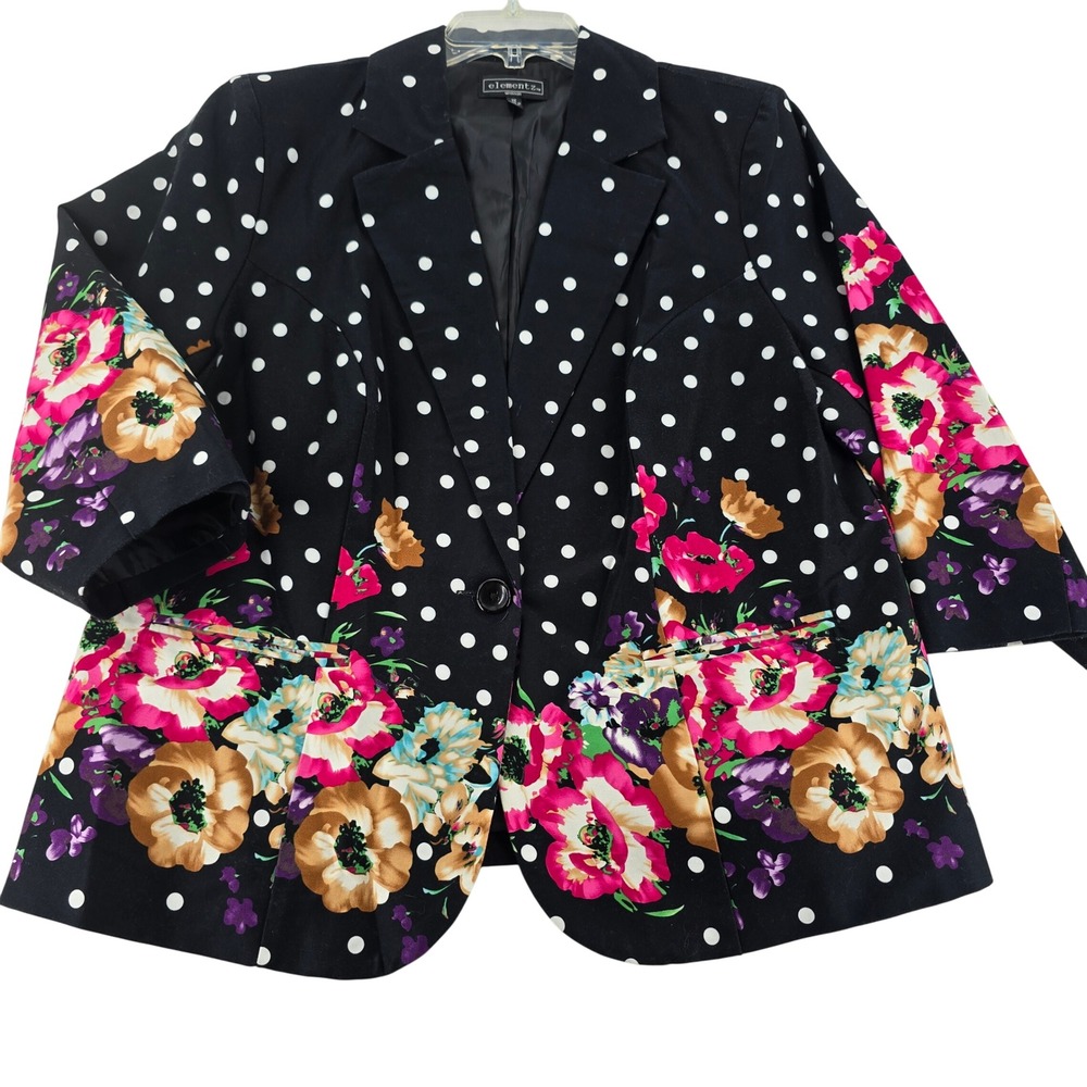 Elementz Womens Blazer 1X Black Floral Polka Dot Stretch 3/4 Sleeve